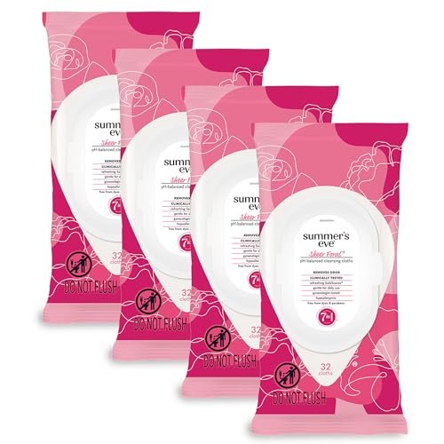 Summer's Eve Sheer Floral Feuchttücher für die Intimhygiene, pH-balancierte Formel hilft bei der Kontrolle von Vaginalgeruch, wiederverschließbare Packung, 32 Tücher, 4er-Pack