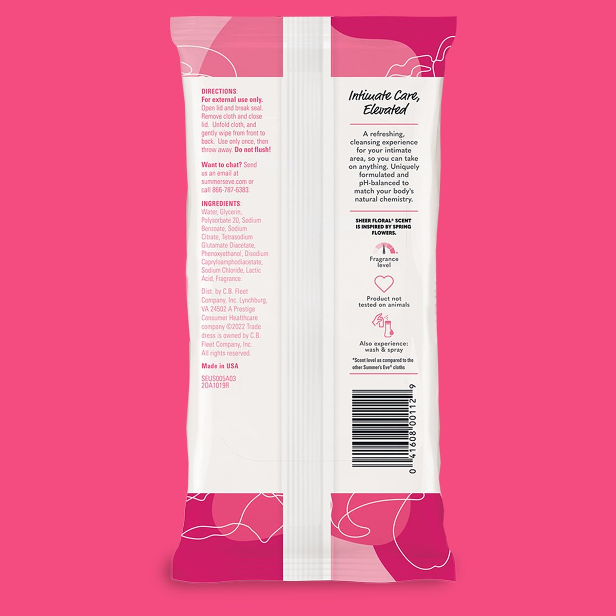 Summer's Eve Sheer Floral Feuchttücher für die Intimhygiene, pH-balancierte Formel hilft bei der Kontrolle von Vaginalgeruch, wiederverschließbare Packung, 32 Tücher, 4er-Pack