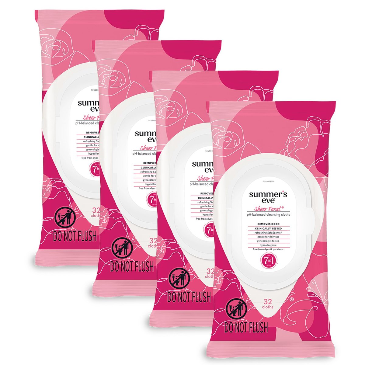 Summer's Eve Sheer Floral Feuchttücher für die Intimhygiene, pH-balancierte Formel hilft bei der Kontrolle von Vaginalgeruch, wiederverschließbare Packung, 32 Tücher, 4er-Pack
