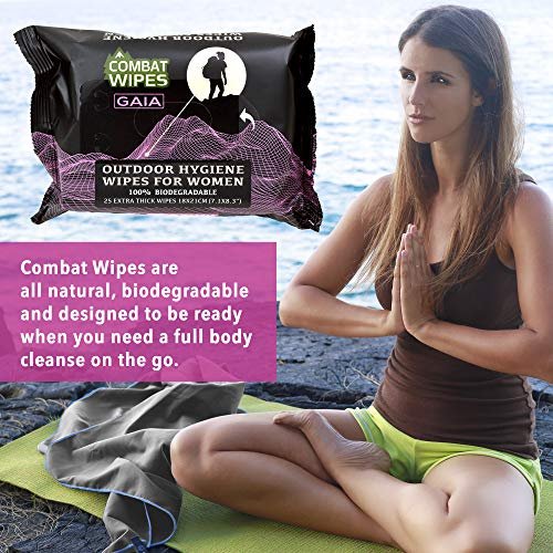 Combat Wipes Gaia – Feuchttücher für die weibliche Hygiene im Freien – Extra dick, ultraleicht, biologisch abbaubar, pH-ausgeglichene Körper- und Handreinigungstücher für Frauen mit Aloe (1 Packung, 25 Tücher)