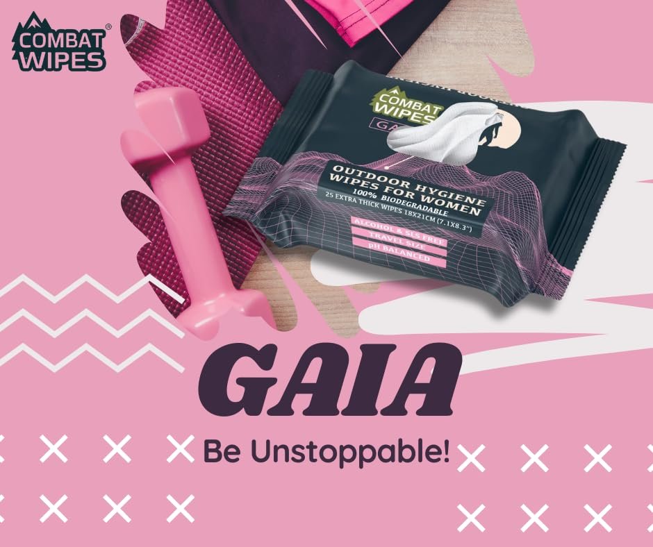 Combat Wipes Gaia – Feuchttücher für die weibliche Hygiene im Freien – Extra dick, ultraleicht, biologisch abbaubar, pH-ausgeglichene Körper- und Handreinigungstücher für Frauen mit Aloe (1 Packung, 25 Tücher)