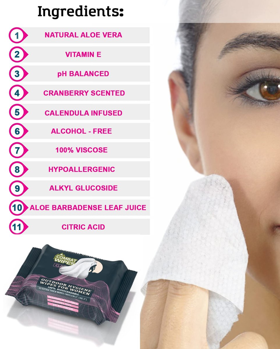 Combat Wipes Gaia – Feuchttücher für die weibliche Hygiene im Freien – Extra dick, ultraleicht, biologisch abbaubar, pH-ausgeglichene Körper- und Handreinigungstücher für Frauen mit Aloe (1 Packung, 25 Tücher)