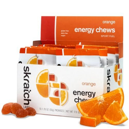 Skratch Labs Energie-Chews | Gummibärchen für Läufer, Radfahrer & Ausdauersportler | Schnelle Kohlenhydrate für Athleten, leicht verdaulich, mit echten Früchten | Gel-Alternative für lange Läufe & Fahrten | Orange 10er-Pack | Glutenfrei, vegan