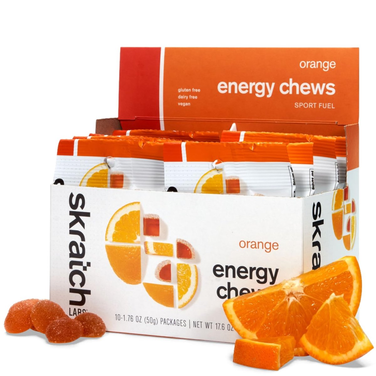Skratch Labs Energie-Chews | Gummibärchen für Läufer, Radfahrer & Ausdauersportler | Schnelle Kohlenhydrate für Athleten, leicht verdaulich, mit echten Früchten | Gel-Alternative für lange Läufe & Fahrten | Orange 10er-Pack | Glutenfrei, vegan