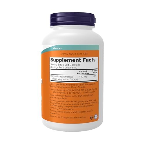 NOW Foods Magnesiumcitrat – 240 vegane Kapseln für Nervensystem & Enzymfunktion