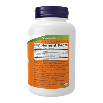 NOW Foods Nahrungsergänzungsmittel, Ashwagandha (Withania somnifera) 450 mg (standardisierter Extrakt), 180 vegane Kapseln