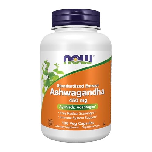 NOW Foods Nahrungsergänzungsmittel, Ashwagandha (Withania somnifera) 450 mg (standardisierter Extrakt), 180 vegane Kapseln