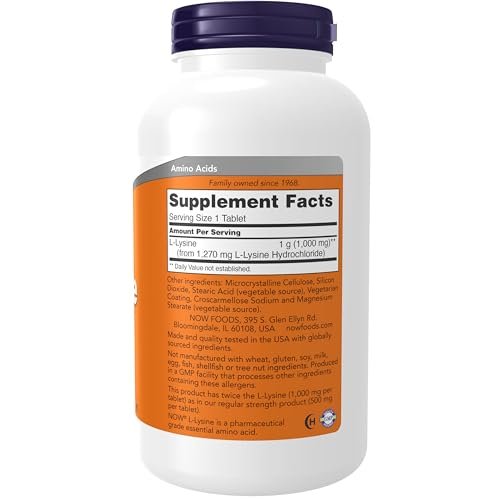NOW Foods L-Lysin 1.000 mg, Doppelte Stärke, 250 Tabletten - Nahrungsergänzungsmittel mit L-Lysin Hydrochlorid
