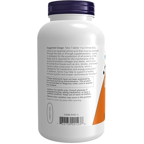 NOW Foods L-Lysin 1.000 mg, Doppelte Stärke, 250 Tabletten - Nahrungsergänzungsmittel mit L-Lysin Hydrochlorid