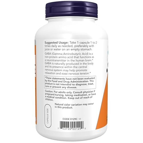 NOW Foods GABA (Gamma-Aminobutyric Acid) 750 mg – 200 vegane Kapseln zur Unterstützung des Nervensystems