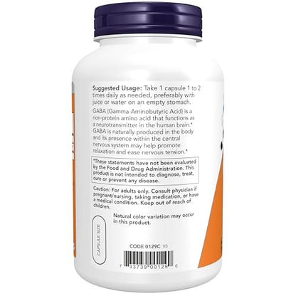 NOW Foods GABA (Gamma-Aminobutyric Acid) 750 mg – 200 vegane Kapseln zur Unterstützung des Nervensystems