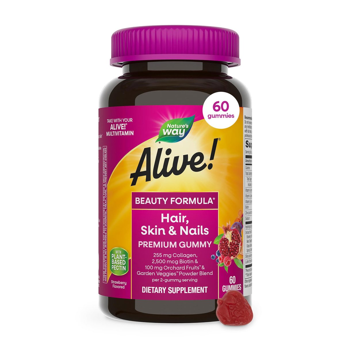 Nature's Way Alive! Haar, Haut & Nägel Premium Gummibärchen, Schönheitsformel*, mit Kollagen, Biotin, Vitamin C & E, Erdbeergeschmack, 60 Gummibärchen