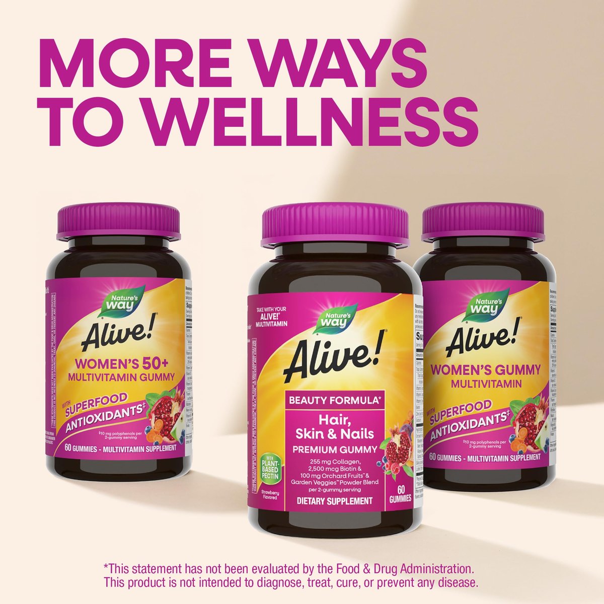 Nature's Way Alive! Haar, Haut & Nägel Premium Gummibärchen, Schönheitsformel*, mit Kollagen, Biotin, Vitamin C & E, Erdbeergeschmack, 60 Gummibärchen