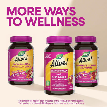 Nature's Way Alive! Haar, Haut & Nägel Premium Gummibärchen, Schönheitsformel*, mit Kollagen, Biotin, Vitamin C & E, Erdbeergeschmack, 60 Gummibärchen