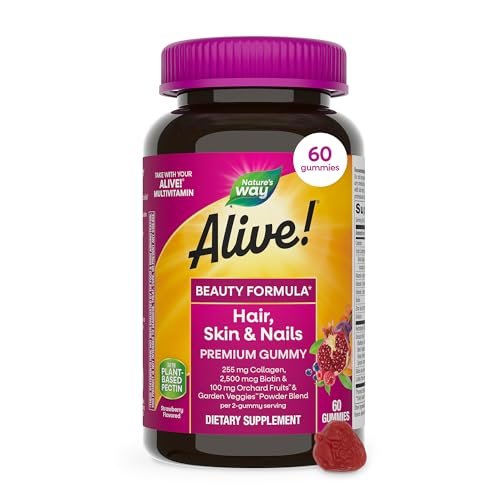Nature's Way Alive! Haar, Haut & Nägel Premium Gummibärchen, Schönheitsformel*, mit Kollagen, Biotin, Vitamin C & E, Erdbeergeschmack, 60 Gummibärchen