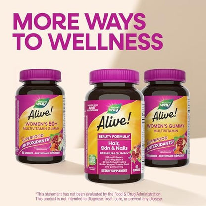 Nature's Way Alive! Haar, Haut & Nägel Premium Gummibärchen, Schönheitsformel*, mit Kollagen, Biotin, Vitamin C & E, Erdbeergeschmack, 60 Gummibärchen