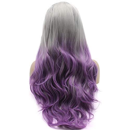 Lushy Hair Spitzenfront Synthetik Perücke Wellig Lang 26 Zoll Dark Root Grau Lila Ombre Perücke Hitzebeständig Hohe Dichte Realistische Perücke