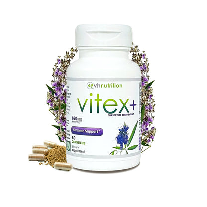 VH Nutrition VITEX+ | Vitex-Keuschbaum-Kapseln für Frauen | Hormonelle Balance & Fruchtbarkeitsunterstützung* | 650 mg pro Portion Vitex-Beeren-Extrakt-Pulver | 60 Kapseln