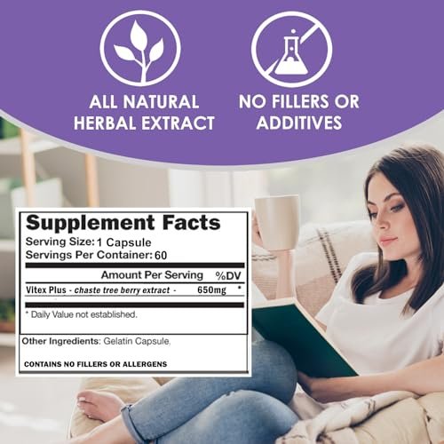 VH Nutrition VITEX+ | Vitex-Keuschbaum-Kapseln für Frauen | Hormonelle Balance & Fruchtbarkeitsunterstützung* | 650 mg pro Portion Vitex-Beeren-Extrakt-Pulver | 60 Kapseln