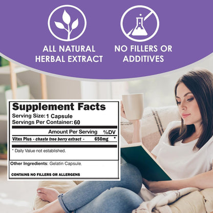 VH Nutrition VITEX+ | Vitex-Keuschbaum-Kapseln für Frauen | Hormonelle Balance & Fruchtbarkeitsunterstützung* | 650 mg pro Portion Vitex-Beeren-Extrakt-Pulver | 60 Kapseln