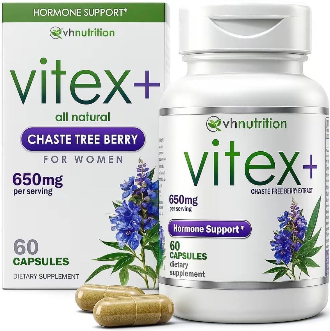 VH Nutrition VITEX+ | Vitex-Keuschbaum-Kapseln für Frauen | Hormonelle Balance & Fruchtbarkeitsunterstützung* | 650 mg pro Portion Vitex-Beeren-Extrakt-Pulver | 60 Kapseln