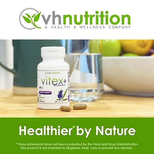 VH Nutrition VITEX+ | Vitex-Keuschbaum-Kapseln für Frauen | Hormonelle Balance & Fruchtbarkeitsunterstützung* | 650 mg pro Portion Vitex-Beeren-Extrakt-Pulver | 60 Kapseln