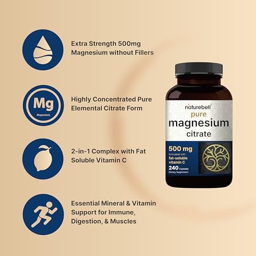 NatureBell Reines Magnesiumcitrat 500 mg pro 3 Kapseln, 240 Kapseln pro Flasche | Hochreine elementare Form | Nicht-GVO, glutenfrei