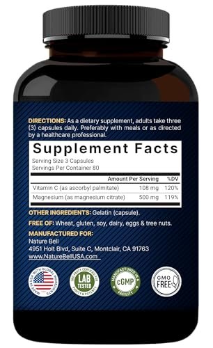 NatureBell Reines Magnesiumcitrat 500 mg pro 3 Kapseln, 240 Kapseln pro Flasche | Hochreine elementare Form | Nicht-GVO, glutenfrei