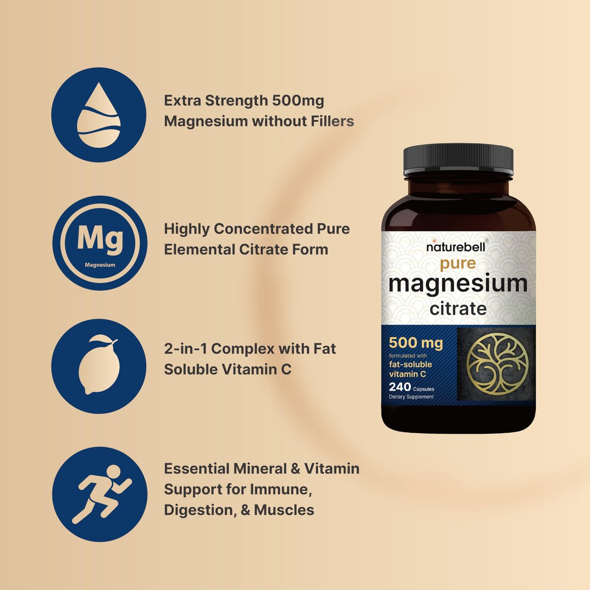 NatureBell Reines Magnesiumcitrat 500 mg pro 3 Kapseln, 240 Kapseln pro Flasche | Hochreine elementare Form | Nicht-GVO, glutenfrei
