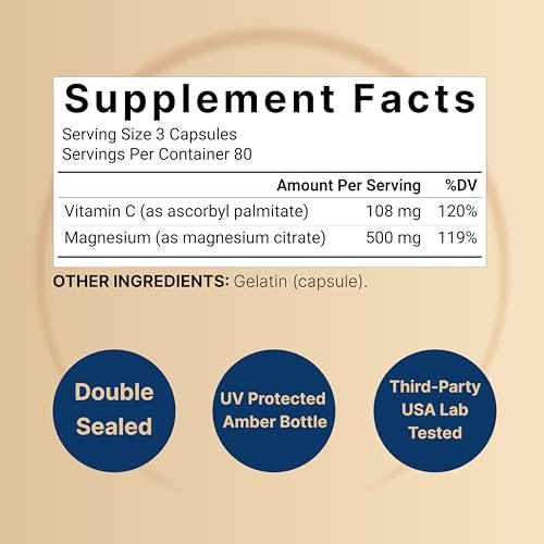 NatureBell Reines Magnesiumcitrat 500 mg pro 3 Kapseln, 240 Kapseln pro Flasche | Hochreine elementare Form | Nicht-GVO, glutenfrei