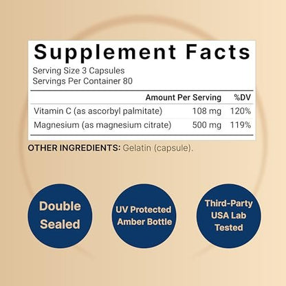 NatureBell Reines Magnesiumcitrat 500 mg pro 3 Kapseln, 240 Kapseln pro Flasche | Hochreine elementare Form | Nicht-GVO, glutenfrei