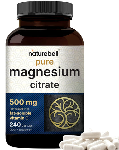 NatureBell Reines Magnesiumcitrat 500 mg pro 3 Kapseln, 240 Kapseln pro Flasche | Hochreine elementare Form | Nicht-GVO, glutenfrei