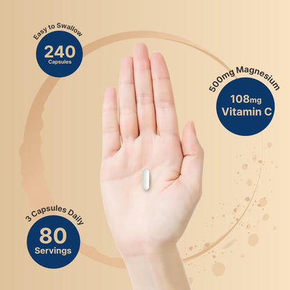 NatureBell Reines Magnesiumcitrat 500 mg pro 3 Kapseln, 240 Kapseln pro Flasche | Hochreine elementare Form | Nicht-GVO, glutenfrei