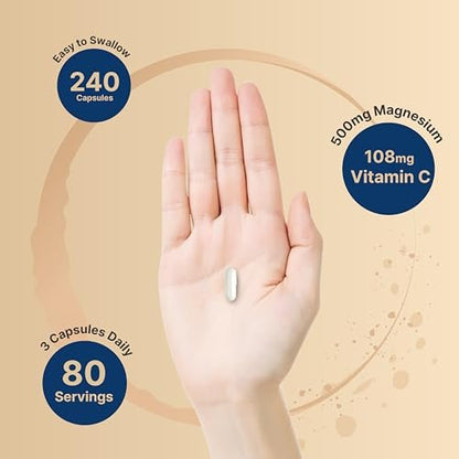 NatureBell Reines Magnesiumcitrat 500 mg pro 3 Kapseln, 240 Kapseln pro Flasche | Hochreine elementare Form | Nicht-GVO, glutenfrei
