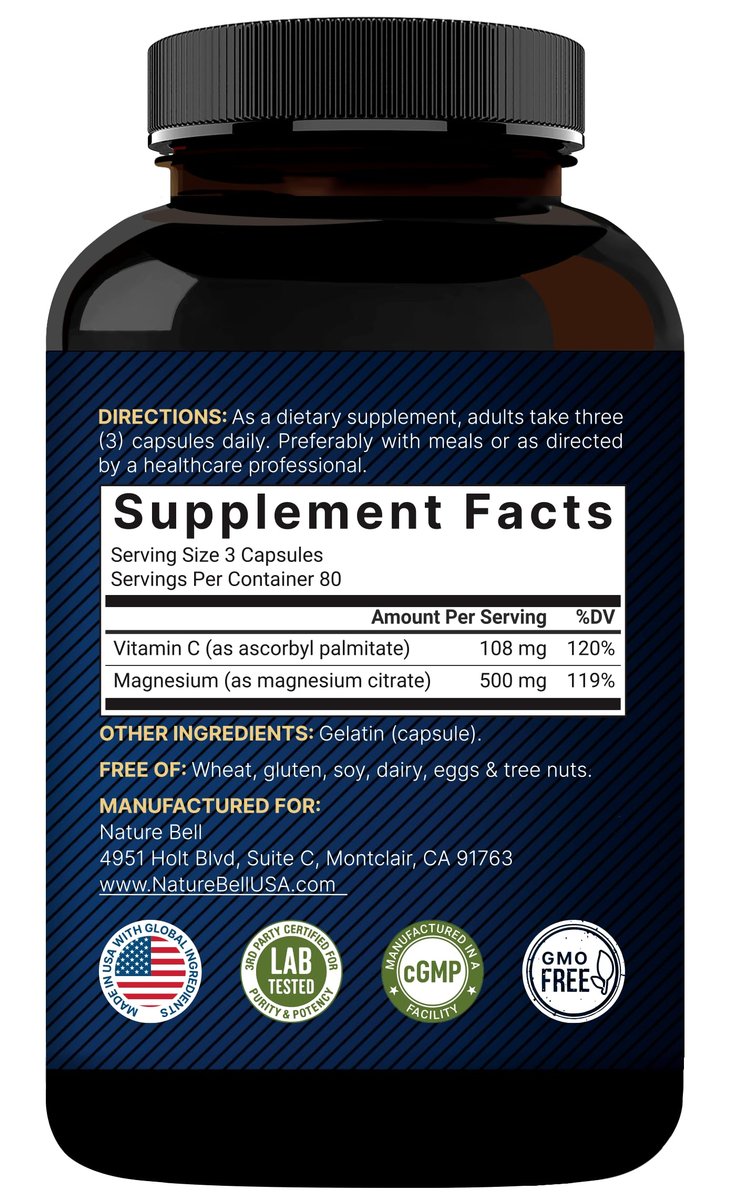 NatureBell Reines Magnesiumcitrat 500 mg pro 3 Kapseln, 240 Kapseln pro Flasche | Hochreine elementare Form | Nicht-GVO, glutenfrei
