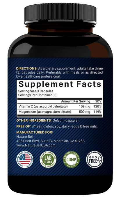 NatureBell Reines Magnesiumcitrat 500 mg pro 3 Kapseln, 240 Kapseln pro Flasche | Hochreine elementare Form | Nicht-GVO, glutenfrei