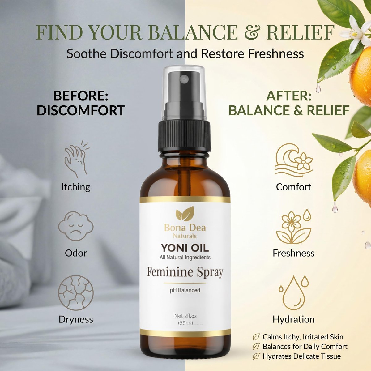 Bona Dea Naturals Natürliches Yoni-Öl-Spray für Frauen – 2 oz, Bio-Öle, chemiefrei, als Deo & Feuchtigkeitsspender, Perinealmassage-Öl für die Schwangerschaft