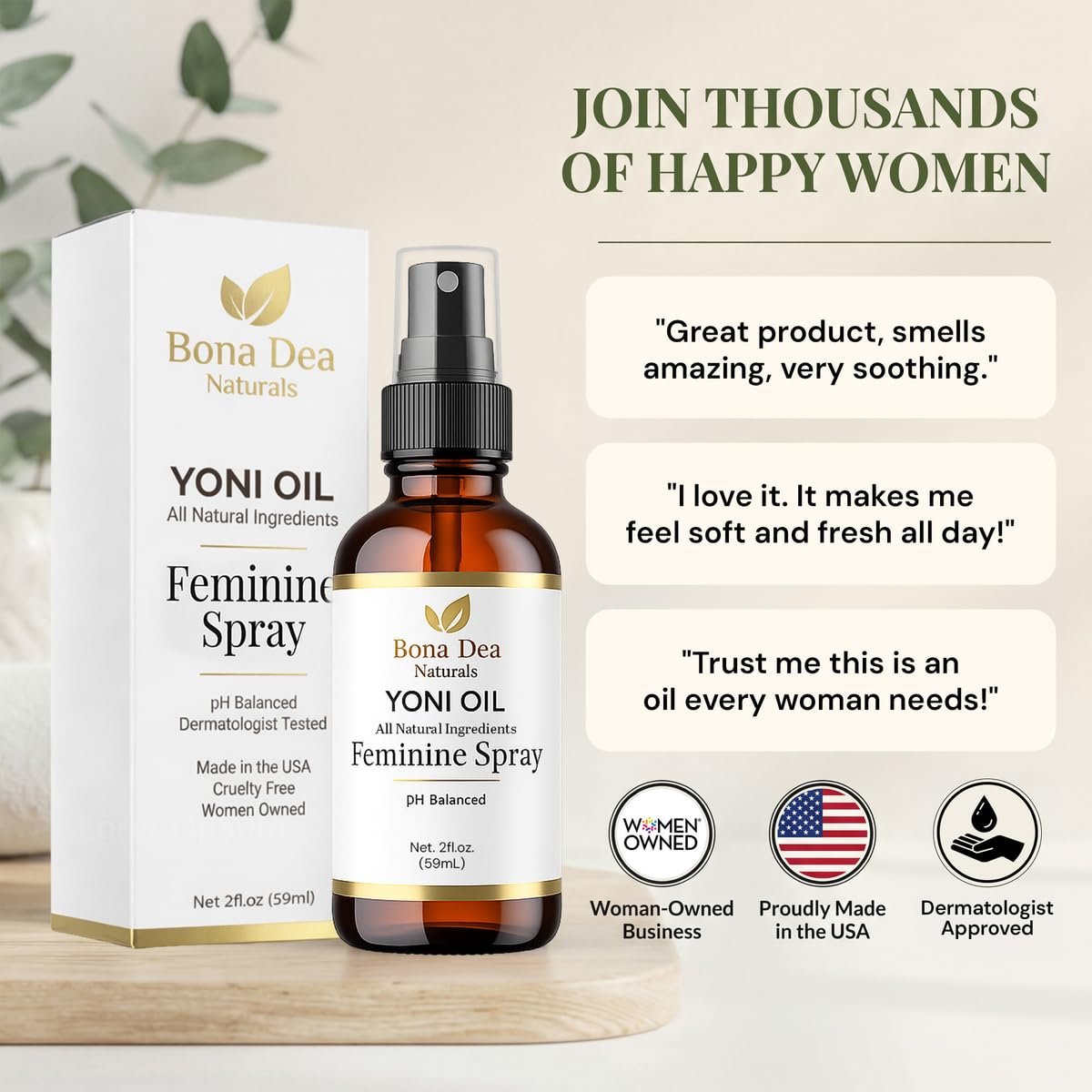 Bona Dea Naturals Natürliches Yoni-Öl-Spray für Frauen – 2 oz, Bio-Öle, chemiefrei, als Deo & Feuchtigkeitsspender, Perinealmassage-Öl für die Schwangerschaft