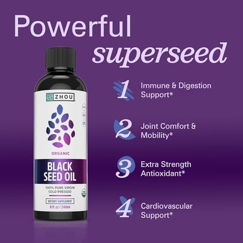 Zhou Bio Schwarzkümmelöl - Kaltgepresstes Schwarzkümmelsamenöl, Nigella Sativa, Unraffiniertes Blackseed Liquid, Premium Nahrungsergänzungsmittel mit Thymoquinon, Omega 3 6 9 - 237 ml (1er Pack)
