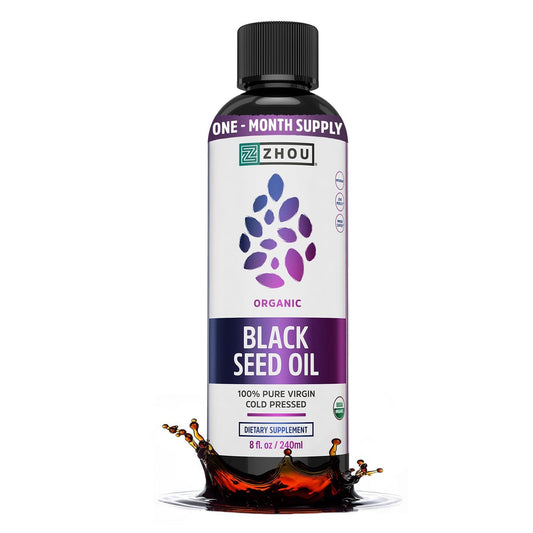 Zhou Bio Schwarzkümmelöl - Kaltgepresstes Schwarzkümmelsamenöl, Nigella Sativa, Unraffiniertes Blackseed Liquid, Premium Nahrungsergänzungsmittel mit Thymoquinon, Omega 3 6 9 - 237 ml (1er Pack)