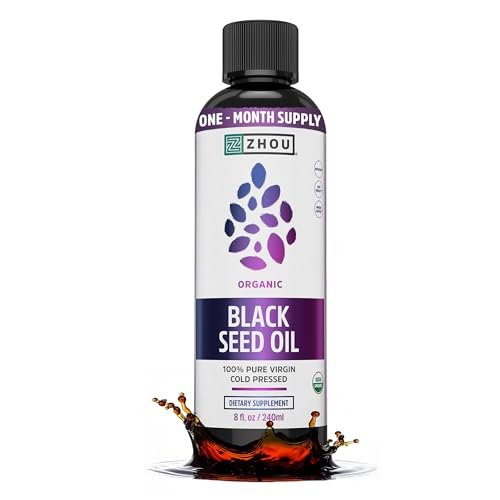 Zhou Bio Schwarzkümmelöl - Kaltgepresstes Schwarzkümmelsamenöl, Nigella Sativa, Unraffiniertes Blackseed Liquid, Premium Nahrungsergänzungsmittel mit Thymoquinon, Omega 3 6 9 - 237 ml (1er Pack)