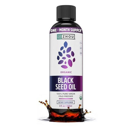 Zhou Bio Schwarzkümmelöl - Kaltgepresstes Schwarzkümmelsamenöl, Nigella Sativa, Unraffiniertes Blackseed Liquid, Premium Nahrungsergänzungsmittel mit Thymoquinon, Omega 3 6 9 - 237 ml (1er Pack)