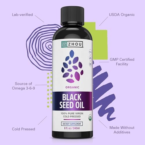 Zhou Bio Schwarzkümmelöl - Kaltgepresstes Schwarzkümmelsamenöl, Nigella Sativa, Unraffiniertes Blackseed Liquid, Premium Nahrungsergänzungsmittel mit Thymoquinon, Omega 3 6 9 - 237 ml (1er Pack)