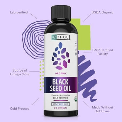 Zhou Bio Schwarzkümmelöl - Kaltgepresstes Schwarzkümmelsamenöl, Nigella Sativa, Unraffiniertes Blackseed Liquid, Premium Nahrungsergänzungsmittel mit Thymoquinon, Omega 3 6 9 - 237 ml (1er Pack)
