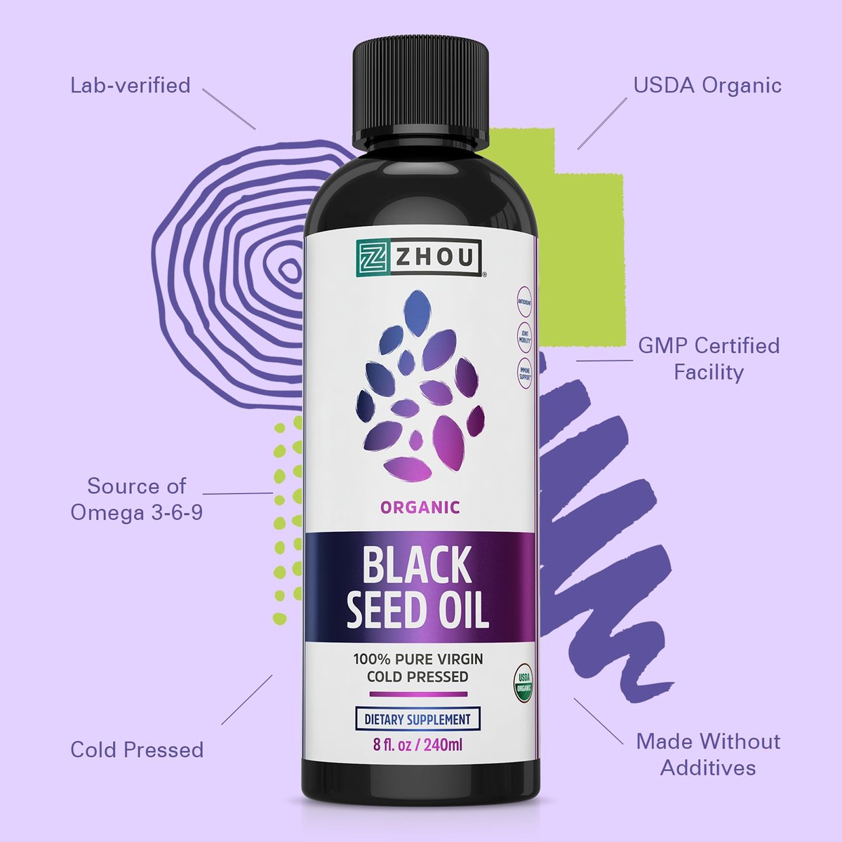 Zhou Bio Schwarzkümmelöl - Kaltgepresstes Schwarzkümmelsamenöl, Nigella Sativa, Unraffiniertes Blackseed Liquid, Premium Nahrungsergänzungsmittel mit Thymoquinon, Omega 3 6 9 - 237 ml (1er Pack)