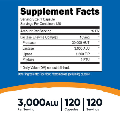 Nutricost Lactase Enzymkomplex 3.000 FCC ALU, 120 vegane Kapseln - Non-GMO, Glutenfrei, 120 Portionen