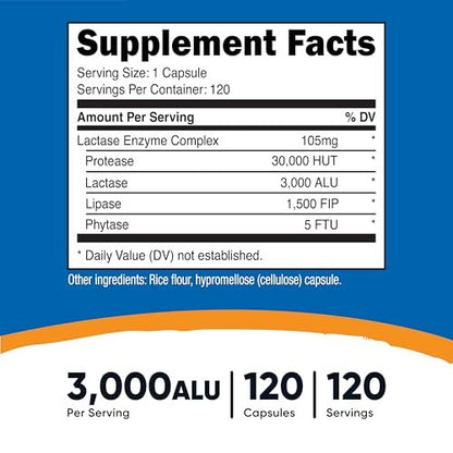Nutricost Lactase Enzymkomplex 3.000 FCC ALU, 120 vegane Kapseln - Non-GMO, Glutenfrei, 120 Portionen