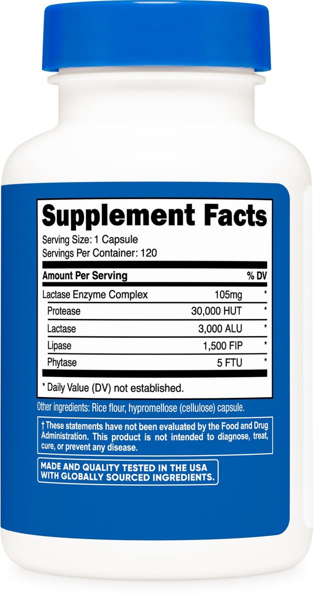 Nutricost Lactase Enzymkomplex 3.000 FCC ALU, 120 vegane Kapseln - Non-GMO, Glutenfrei, 120 Portionen