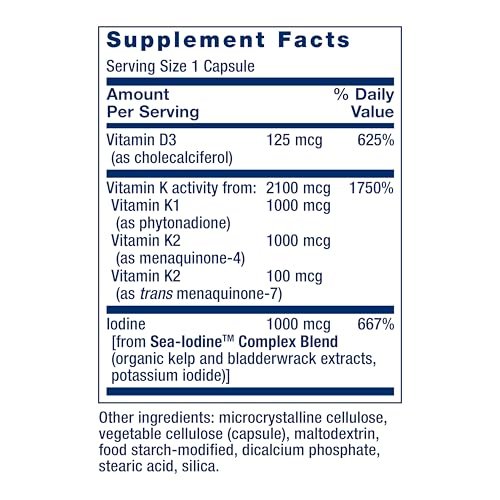 Life Extension Vitamine D und K mit Meeres-Jod – Vitamin D3, Vitamin K1 und K2, Jod – Unterstützt Immun-, Knochen-, Arterien- und Schilddrüsengesundheit – Nicht-GVO, glutenfrei, 60 Kapseln