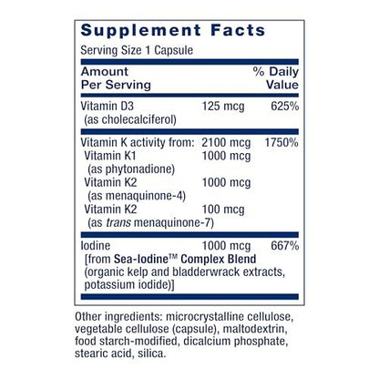 Life Extension Vitamine D und K mit Meeres-Jod – Vitamin D3, Vitamin K1 und K2, Jod – Unterstützt Immun-, Knochen-, Arterien- und Schilddrüsengesundheit – Nicht-GVO, glutenfrei, 60 Kapseln